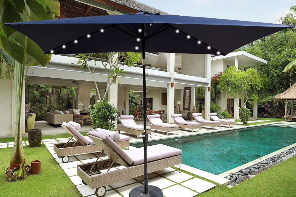 10 x 6.5t Patio Umbrella,Rectangular Picnic Table Umbrella,6-8 Chairs Tilt Umbrella with 26 LED Lights,Waterproof Umbrella Sunshade with Crank and Push Button Tilt for Garden Backyard Pool,LIGHT GREY