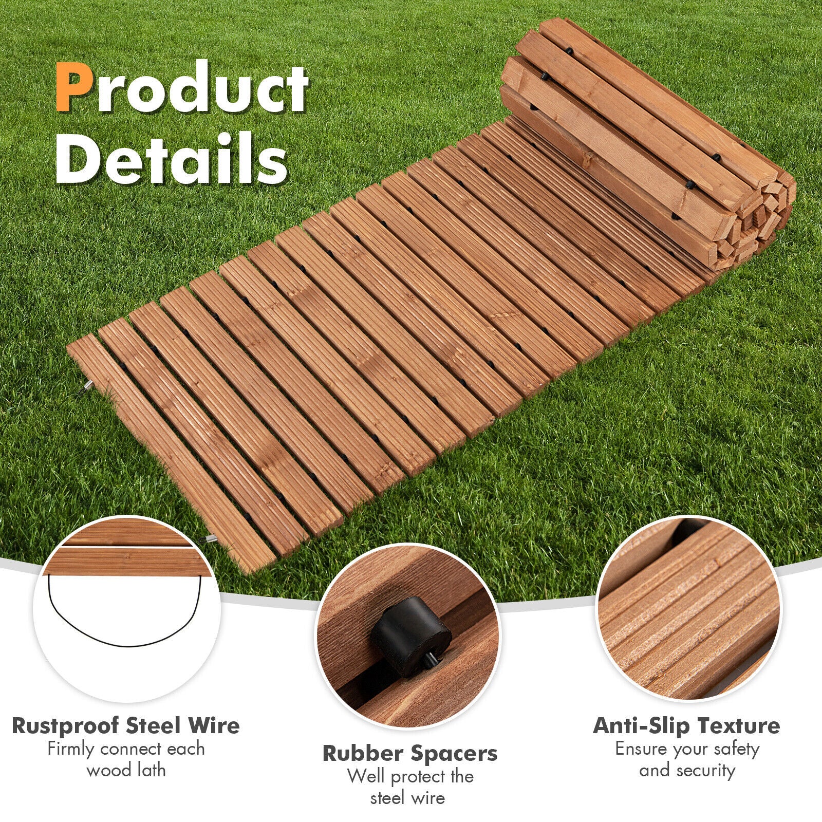 Gymax 8 FT Roll-out Wood Pathway 22'' Width Patio Path Straight Weather-Resist