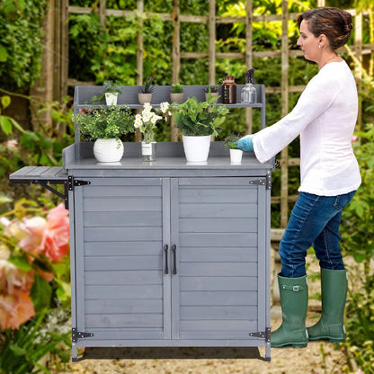 Kojooin Wooden Potting Bench Table - Outdoor Gardening Furniture with Metal Top, Storage Cabinet & Adjustable Shelf for Patio, Garden, Greenhouse