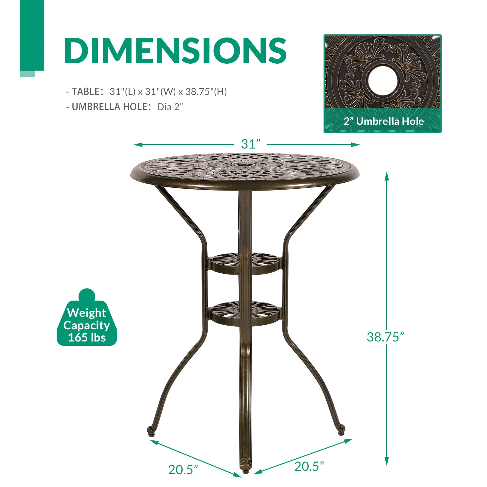 VIVIJASON 30.8" Round Cast Aluminum Patio Bar Table with Umbrella Hole, Antique Bronze