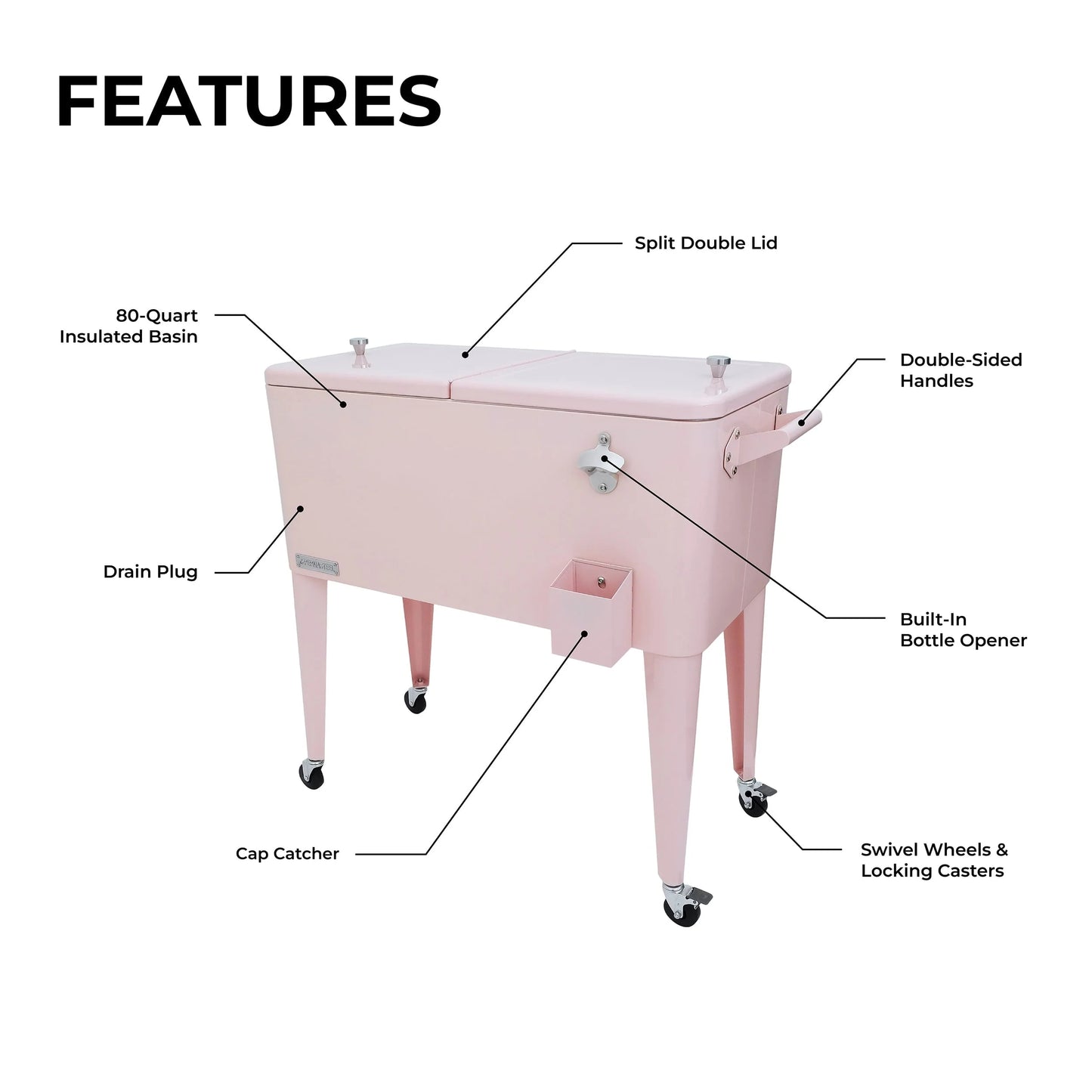 Permasteel 80-Qt Classic Outdoor Steel Patio Cooler on Wheels, Beverage Rolling Cart, Pink