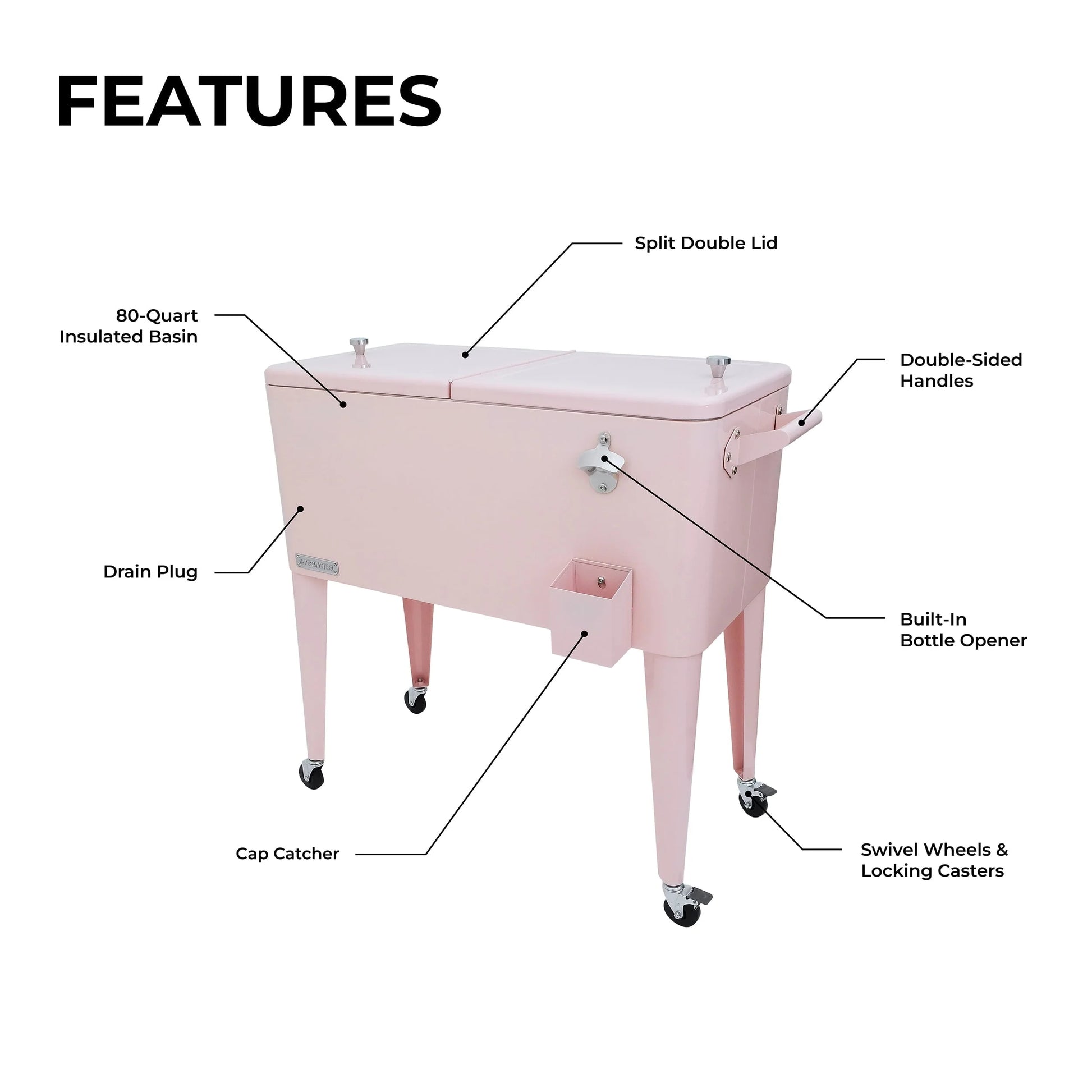 Permasteel 80-Qt Classic Outdoor Steel Patio Cooler on Wheels, Beverage Rolling Cart, Pink