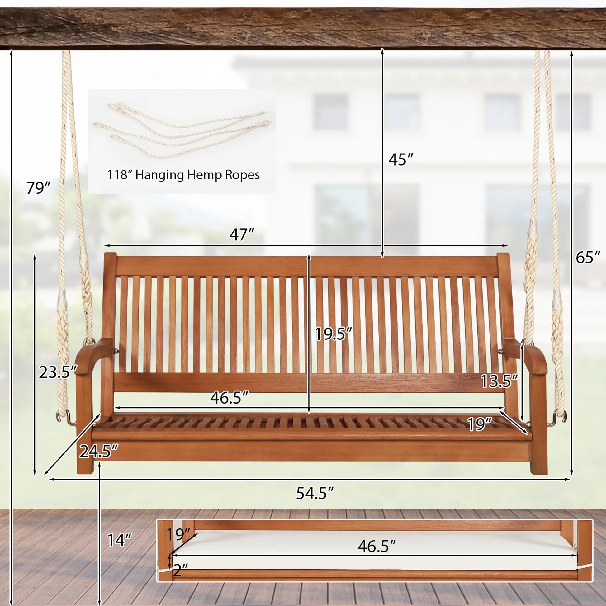 Gymax 2-Seat Patio Hanging Wooden Porch Swing Bench w/Cushion & Hanging Ropes
