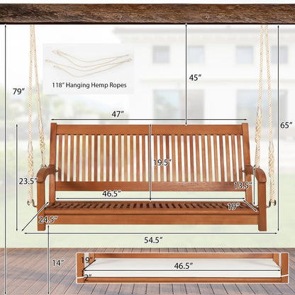 Gymax 2-Seat Patio Hanging Wooden Porch Swing Bench w/Cushion & Hanging Ropes