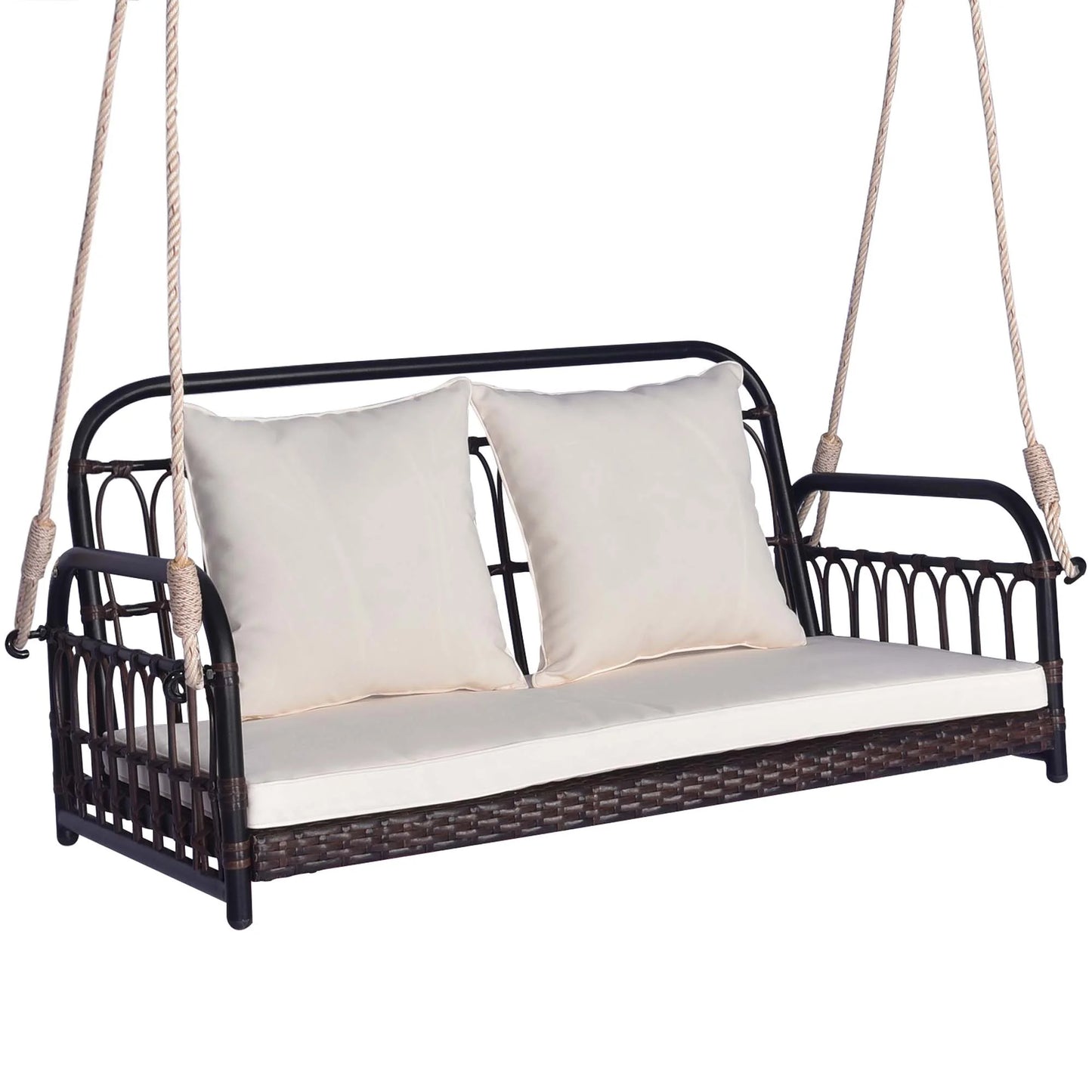 Costway Patio Swing Chair 2-Person Hanging Seat Outdoor Wicker Loveseat Cushioned Porch