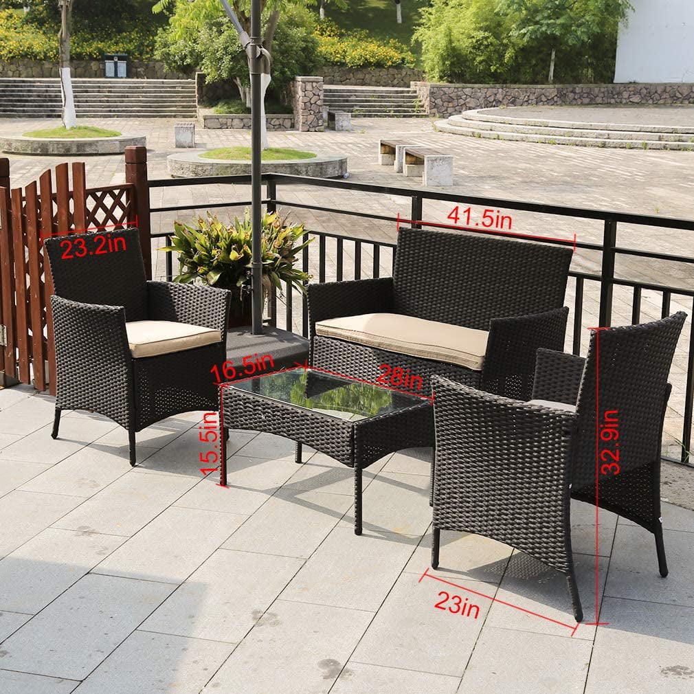 FDW Patio Rattan Wicker Furniture Outdoor 4pc Rattan Sofa Garden Conversation Set with White Cushions
