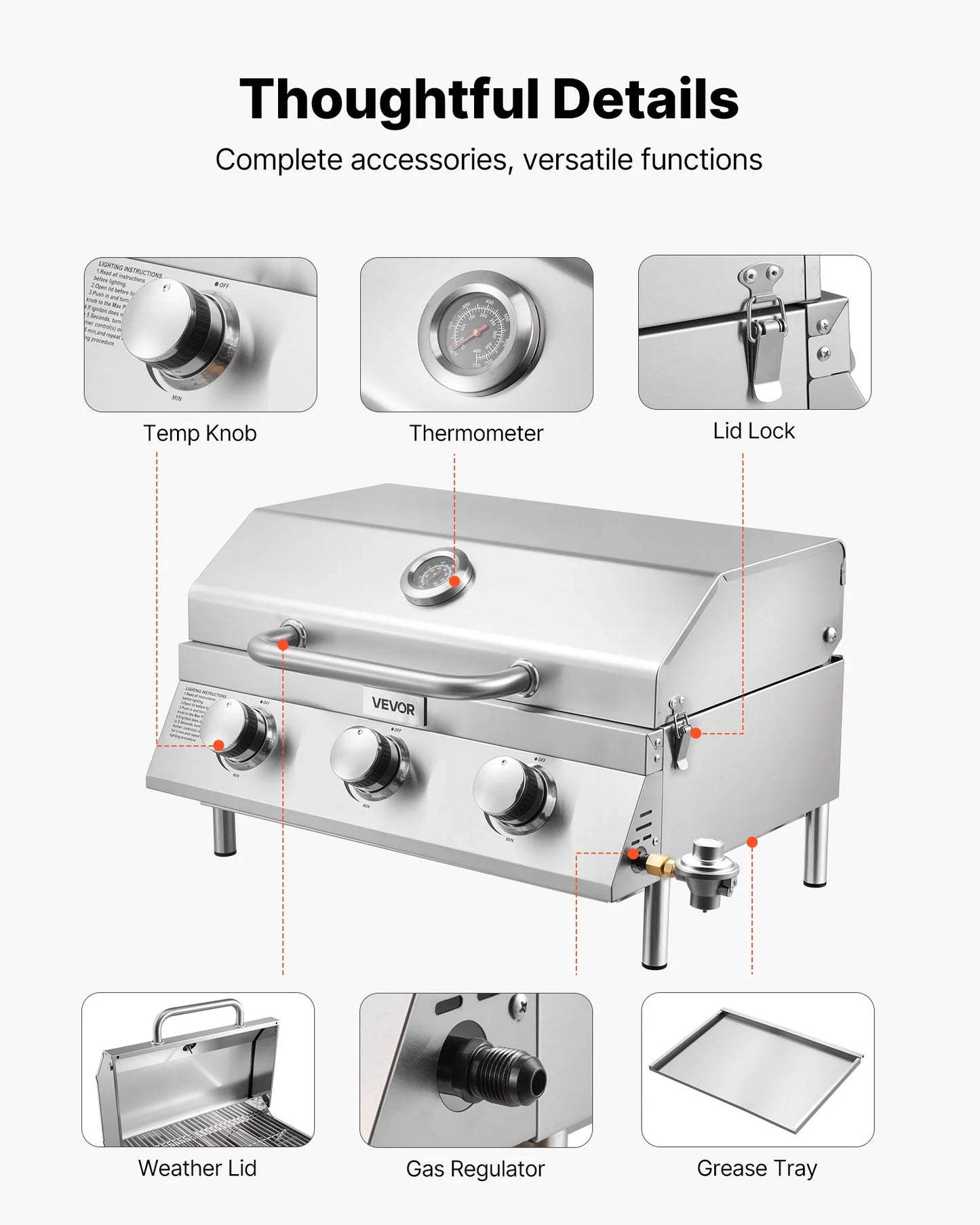 VEVOR Tabletop Gas Grill, 3-Burner Stainless Steel Portable Propane Grill, with Built-in Thermometer, Travel Locks, Weatherproof Lid, 22,500 BTU Total, for Outdoor Cooking,Patio,Party,Camping,RV