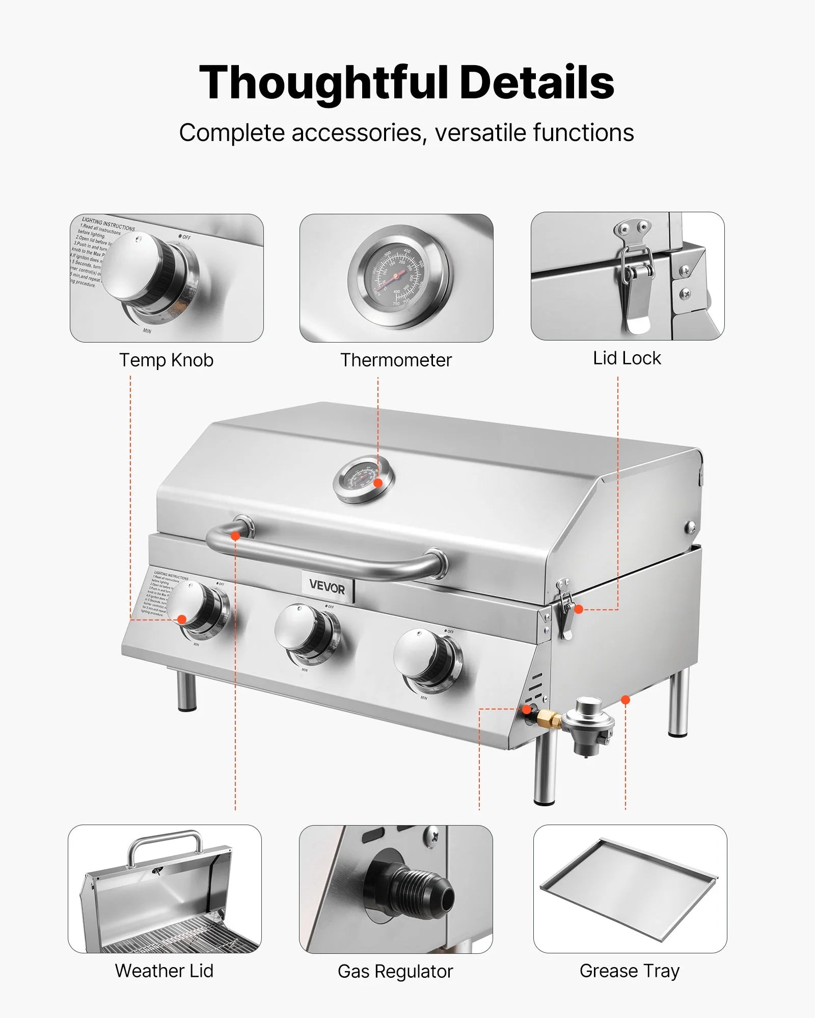 VEVOR Tabletop Gas Grill, 3-Burner Stainless Steel Portable Propane Grill, with Built-in Thermometer, Travel Locks, Weatherproof Lid, 22,500 BTU Total, for Outdoor Cooking,Patio,Party,Camping,RV