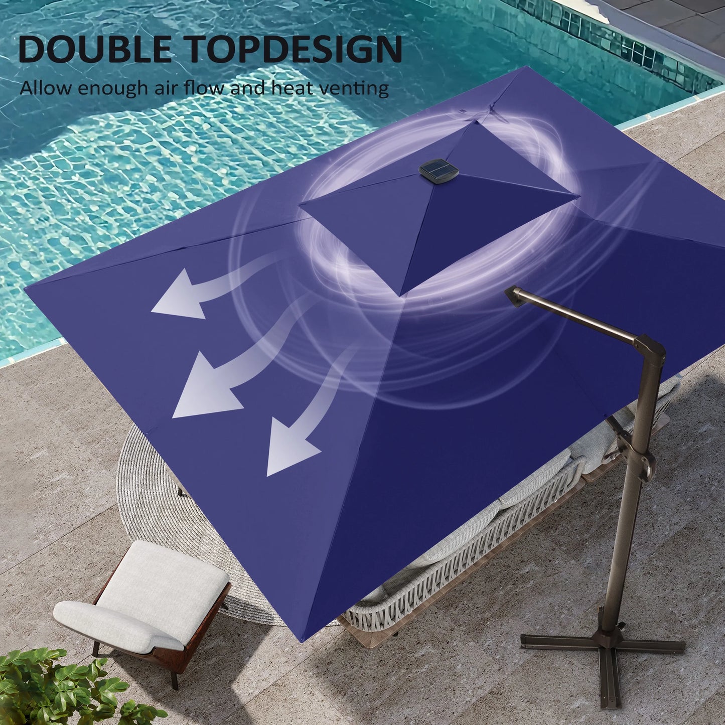 11FT Double Top Cantilever Umbrella Outdoor 360° Rotation 6 Heights Adjustable Offset Umbrella Metal Pole Cantilever Patio Umbrella With Light