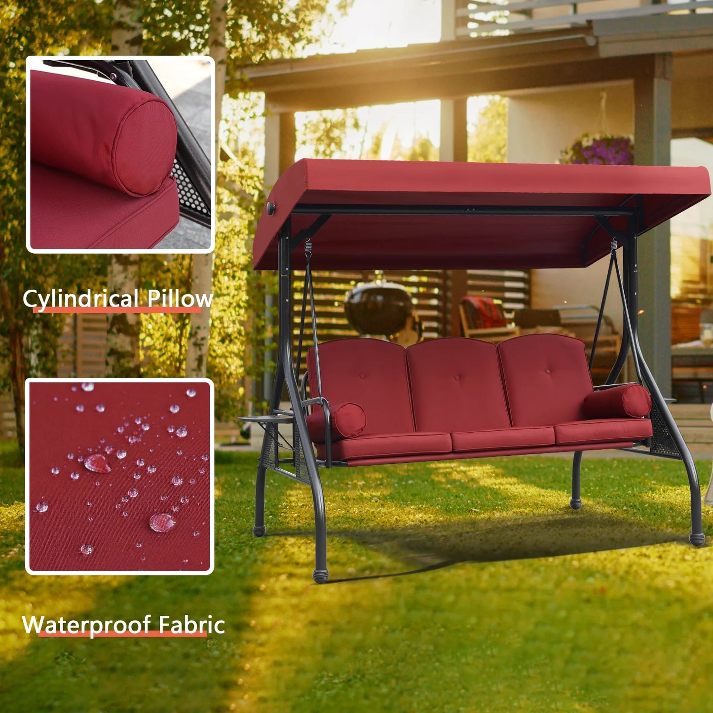 NOBLEMOOD 3-Seat Patio Porch Swing with Adjustable Canopy, Thickened Cushion & Foldable Tray, Red