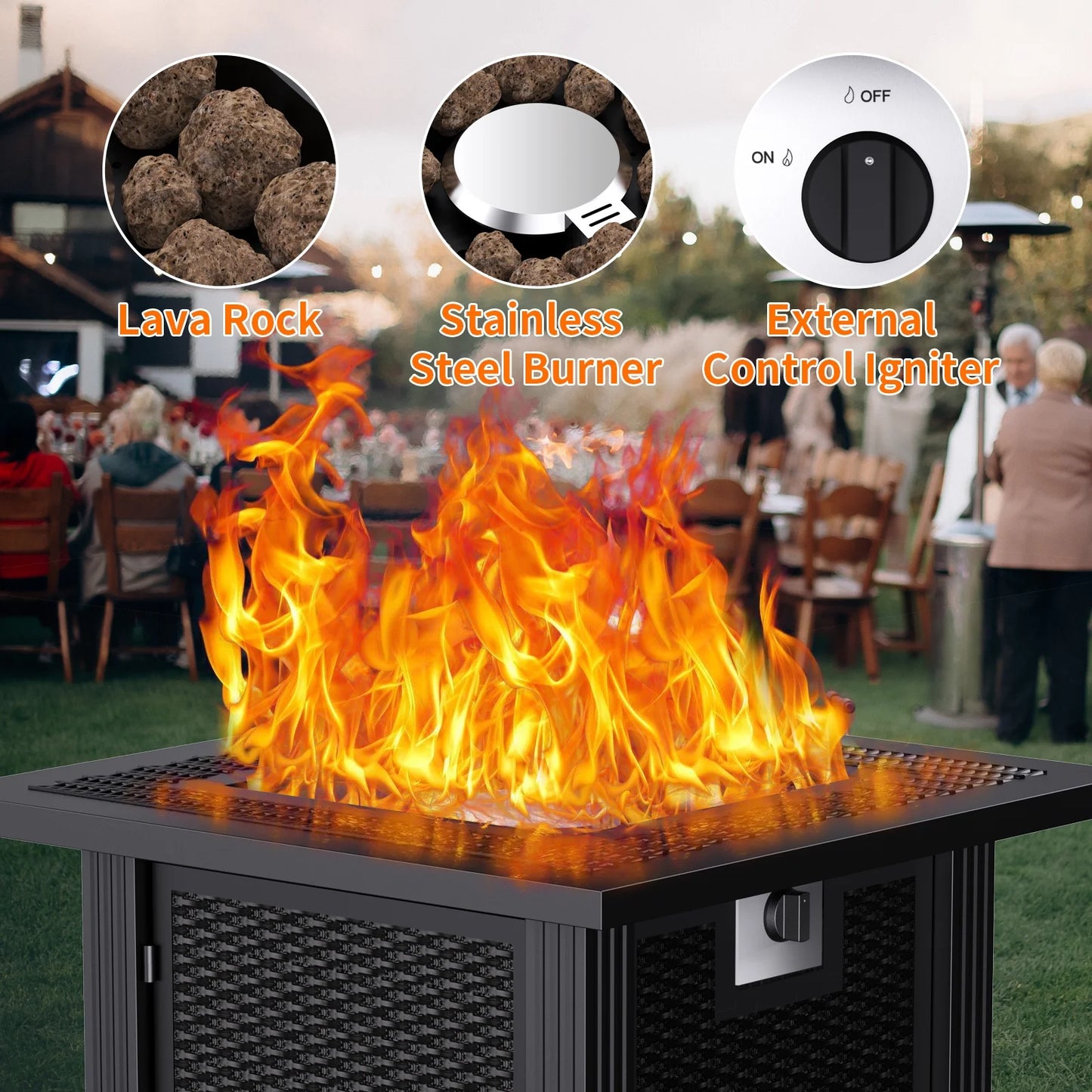 28 Inch Propane Fire Pit Table, Rattan & Wicker-Look 50,000 BTU Gas Firepits with Fire Glass for Outside Patio and Garden