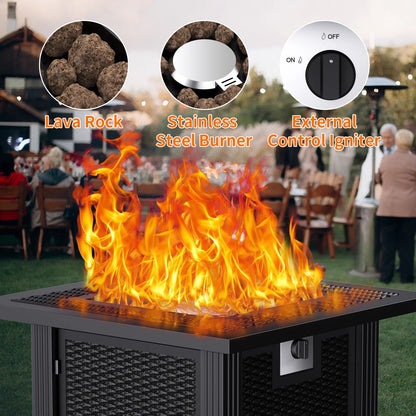 28 Inch Propane Fire Pit Table, Rattan & Wicker-Look 50,000 BTU Gas Firepits with Fire Glass for Outside Patio and Garden
