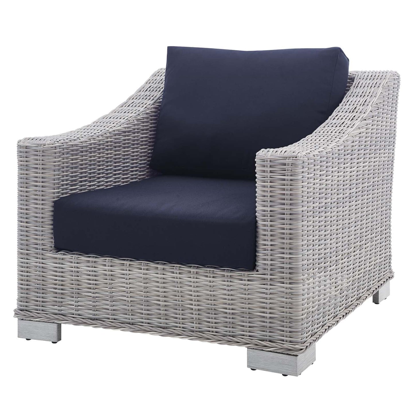 Lounge Sectional Sofa Chair Table Set, Rattan, Wicker, Light Grey Gray Blue Navy, Modern Contemporary Urban Design, Outdoor Patio Balcony Cafe Bistro Garden Furniture Hotel Hospitality