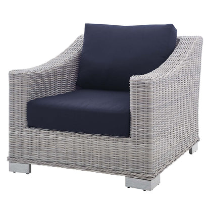 Lounge Sectional Sofa Chair Table Set, Rattan, Wicker, Light Grey Gray Blue Navy, Modern Contemporary Urban Design, Outdoor Patio Balcony Cafe Bistro Garden Furniture Hotel Hospitality