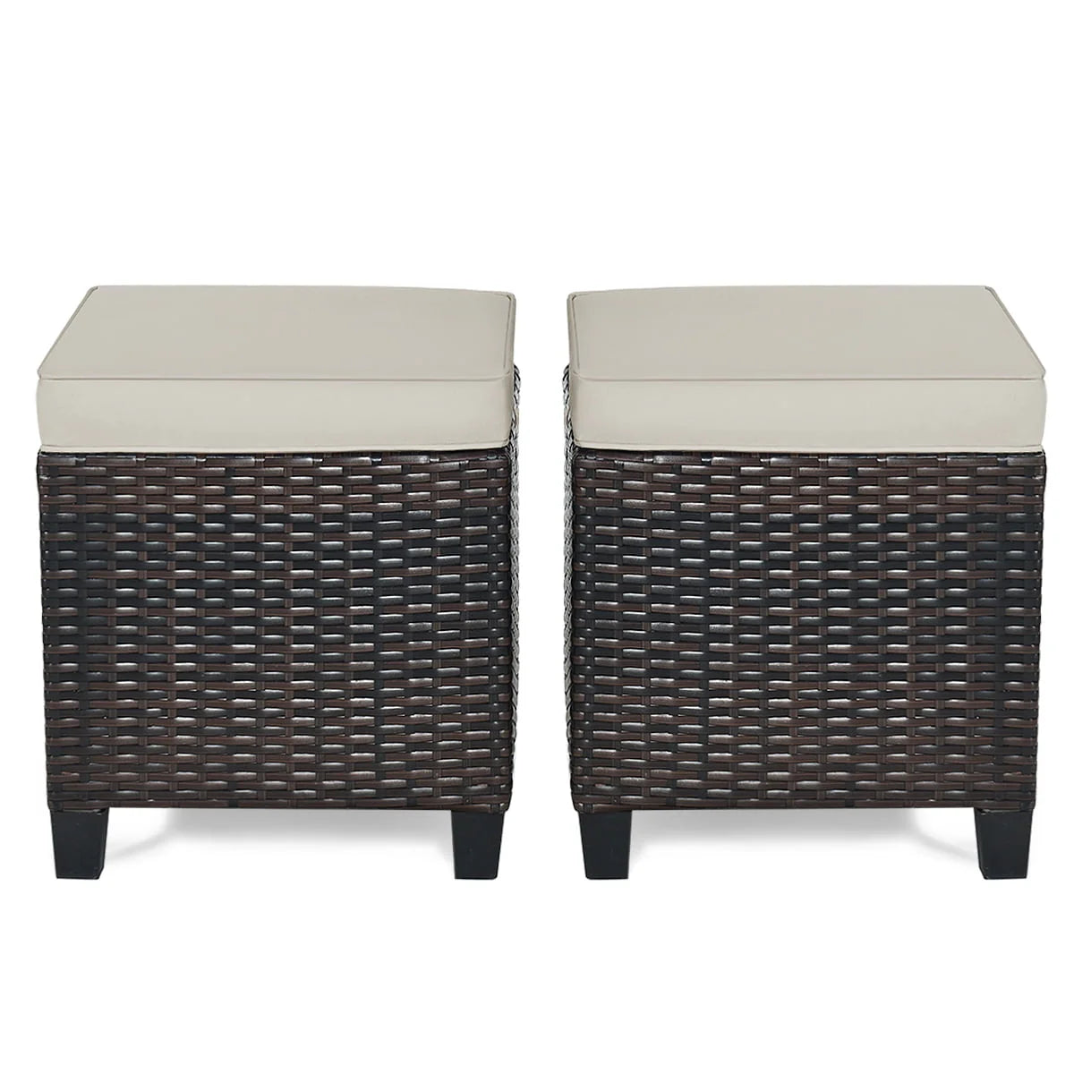 Gymax Set of 2 Patio Rattan Ottoman Footrest Garden Outdoor w/Brown Cushion