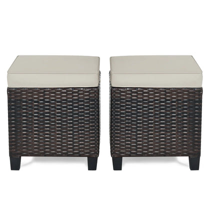 Gymax Set of 2 Patio Rattan Ottoman Footrest Garden Outdoor w/Brown Cushion