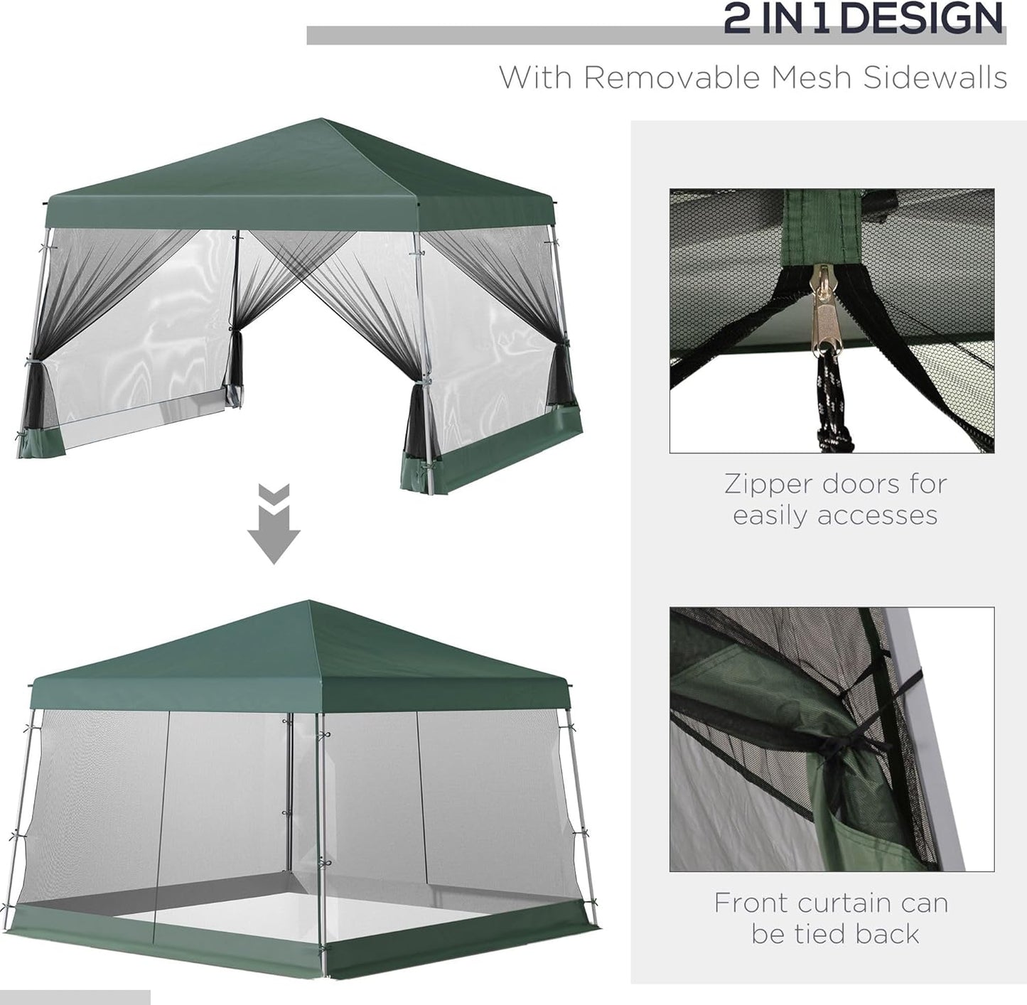 Slant Leg Pop Up Canopy Tent with Netting and Carry Bag, Instant Sun Shelter, Tents for Parties, Height Adjustable, for Outdoor, Garden, Patio, (11.5'x11.5' Base/10'x10' Top), Green