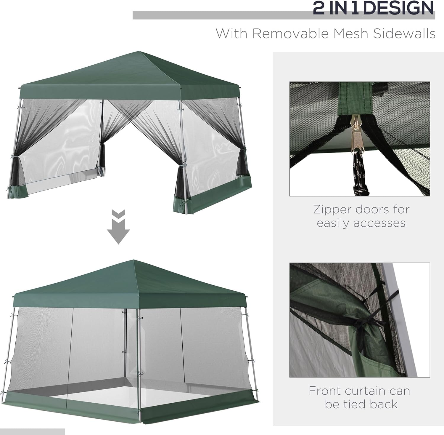 Slant Leg Pop Up Canopy Tent with Netting and Carry Bag, Instant Sun Shelter, Tents for Parties, Height Adjustable, for Outdoor, Garden, Patio, (11.5'x11.5' Base/10'x10' Top), Green