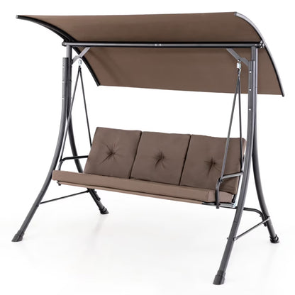 Yardi Yard 3-Seat Outdoor Porch Swing with Adjustable Canopy and Padded Cushions-Brown for Front Porch, Poolside, Patio, Backyard