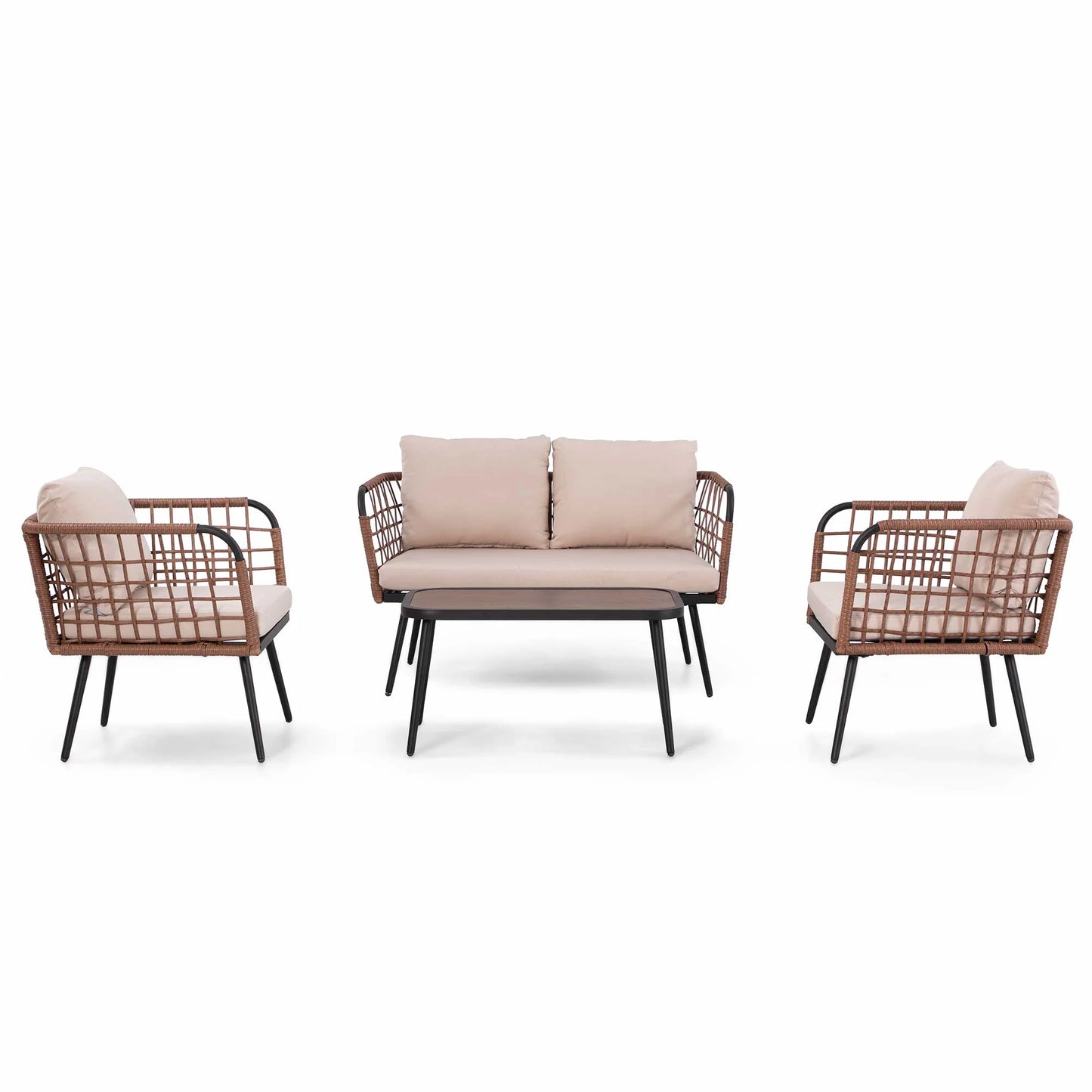 LAUSAINT HOME 4 Pieces Outdoor Conversation Sets, Patio Metal Frame Sofa with Wood Loveseat and Coffee Table, Beige Cushions