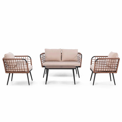 LAUSAINT HOME 4 Pieces Outdoor Conversation Sets, Patio Metal Frame Sofa with Wood Loveseat and Coffee Table, Beige Cushions