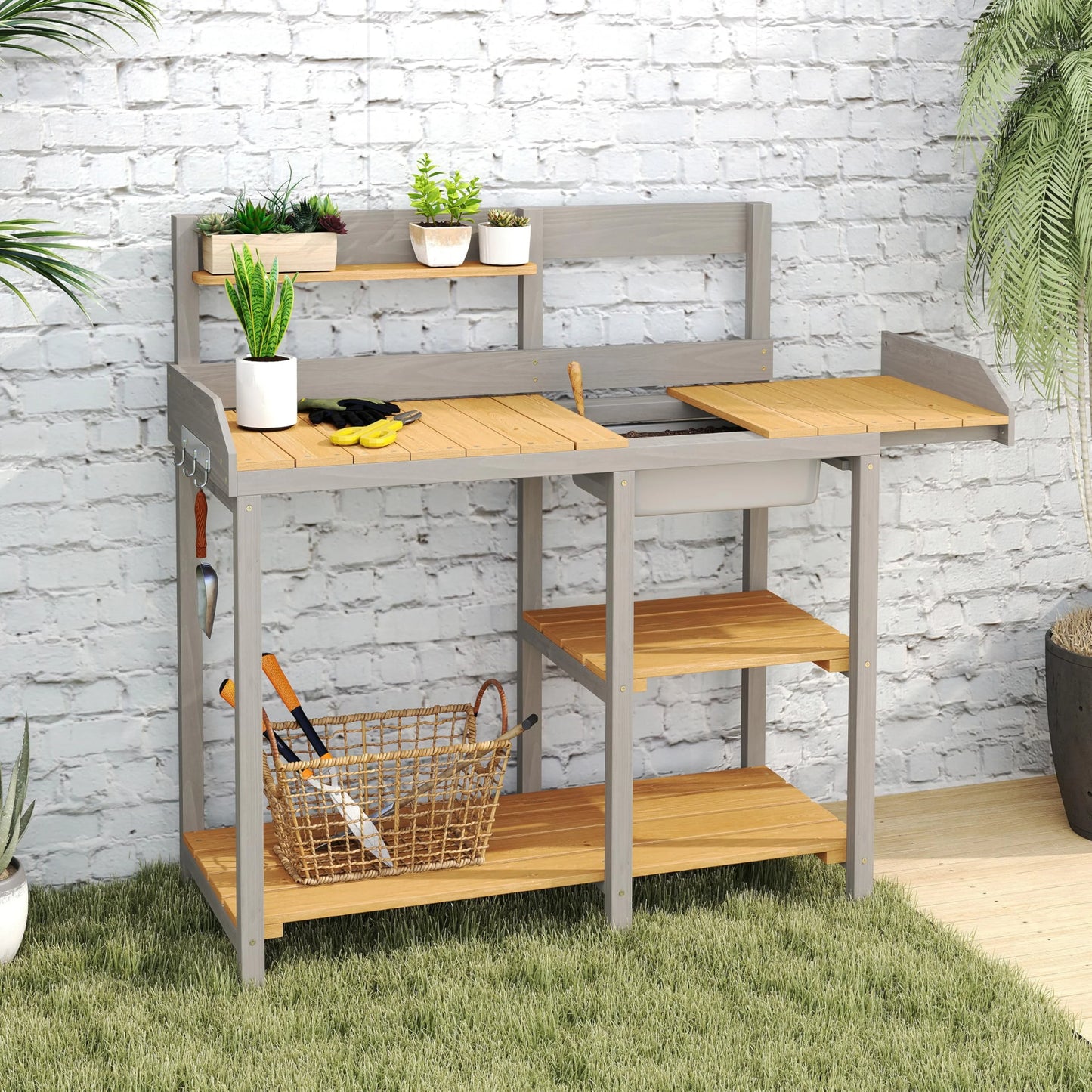 Wooden Potting Bench Table with Sink, Outdoor Garden Table Work Bench with Shelf, Workstation for Outside Patio Lawn