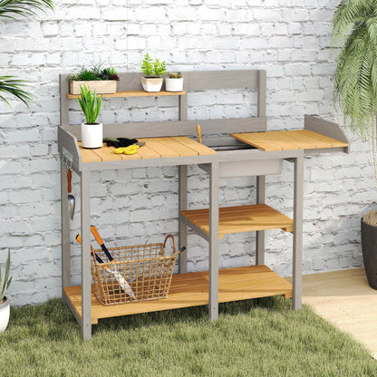 Wooden Potting Bench Table with Sink, Outdoor Garden Table Work Bench with Shelf, Workstation for Outside Patio Lawn