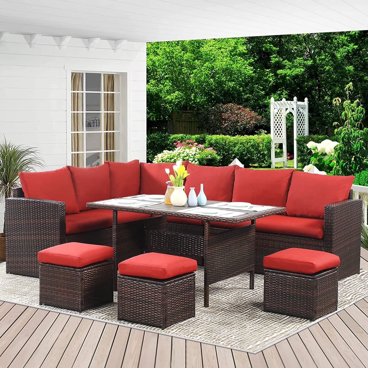 Superjoe 7 Pieces Outdoor Patio Furniture Set with Ottoman, Blue