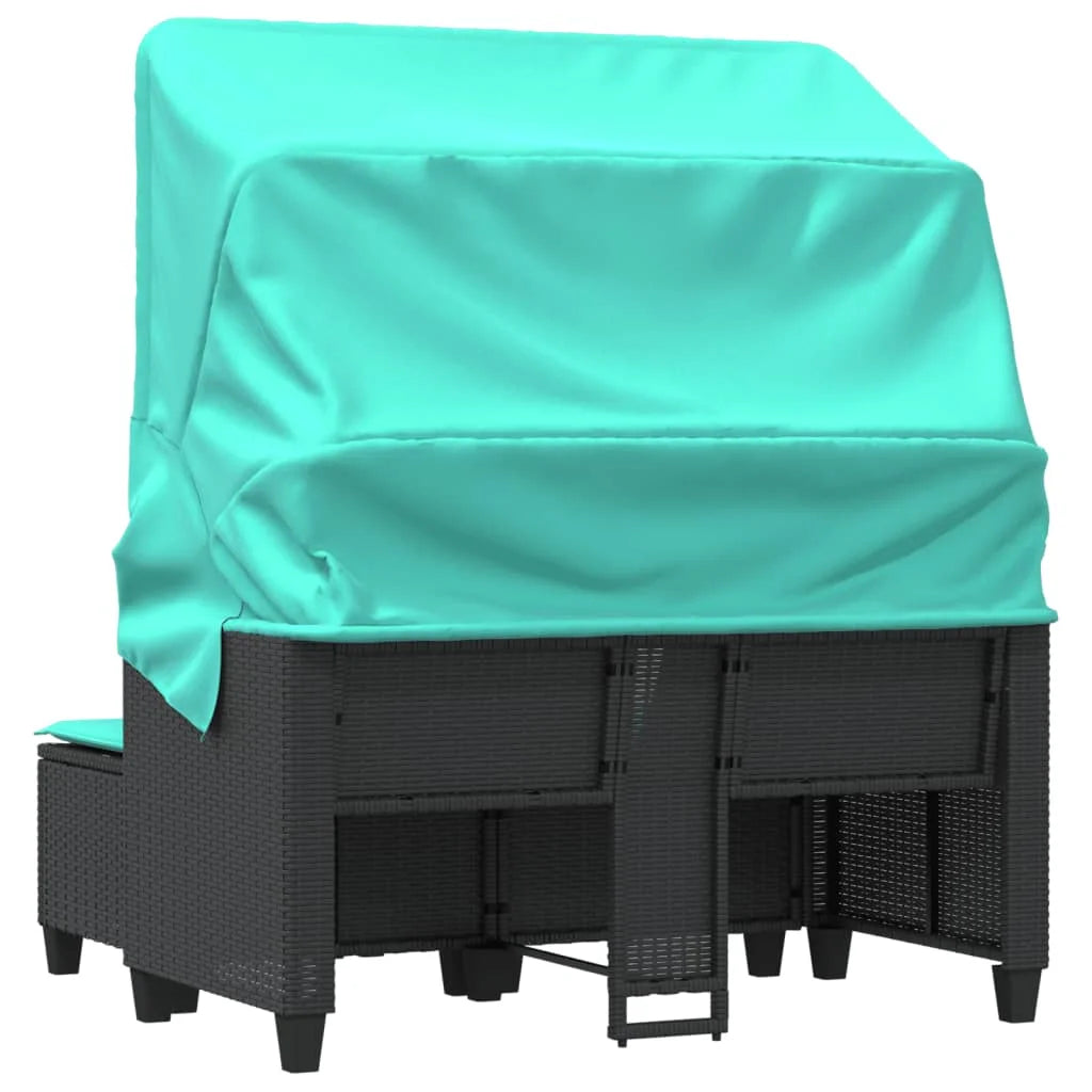 vidaXL Patio Sofa 2-Seater with Canopy and Stools Black Poly Rattan