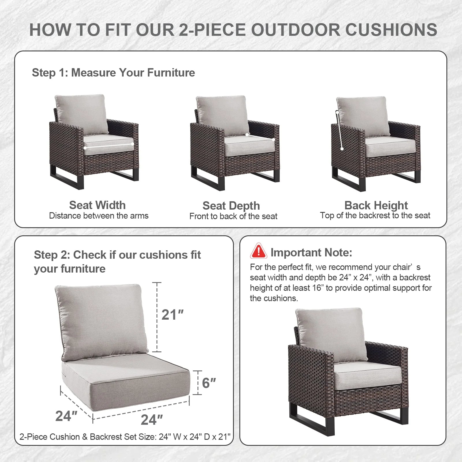 Terraloom 6 Inch Outdoor Cushions 24x24" - Water Resistant 2 Set Deep Seating Patio Chair Back& Seat Cushion for Wicker Rocking Swivel Chairs Loveseat Couch Sectional Sofa in Beige