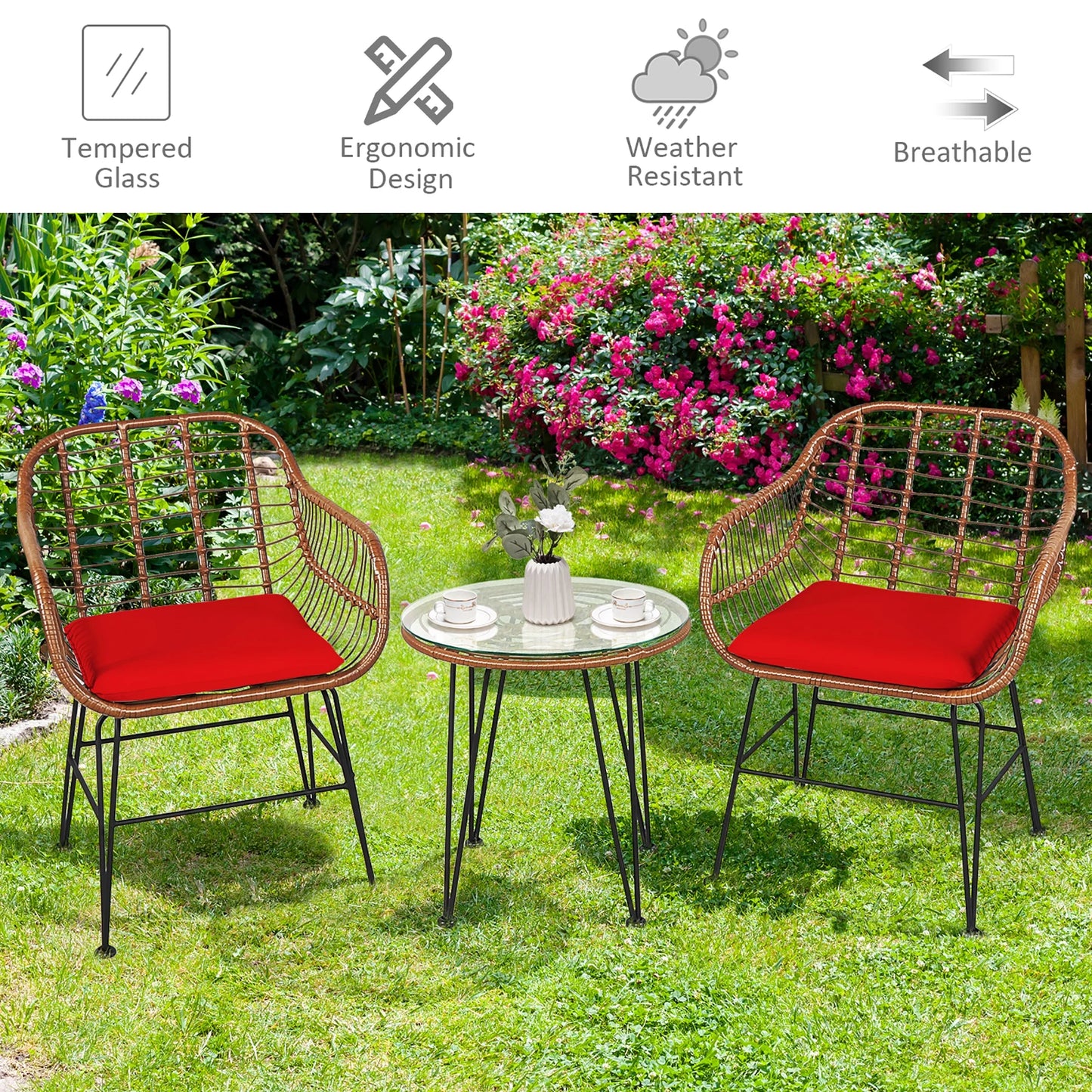 Costway 3PCS Patio Rattan Bistro Set Coffee Table Armchair Garden Red Cushion