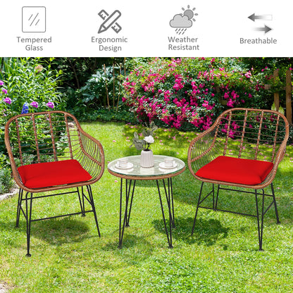 Costway 3PCS Patio Rattan Bistro Set Coffee Table Armchair Garden Red Cushion