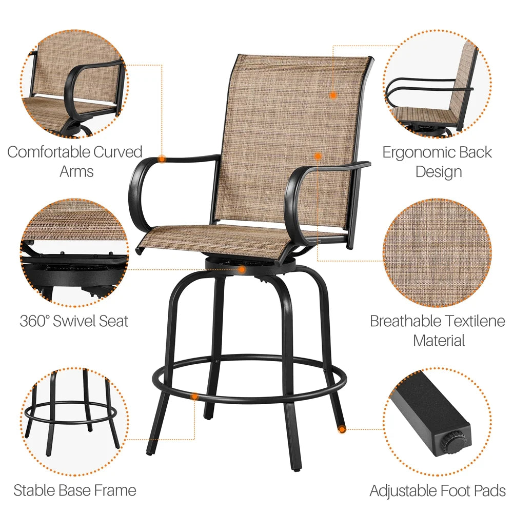 Topeakmart 2pcs Texteline Swivel Garden Patio Bistro Chairs with Footrests, Black/Brown