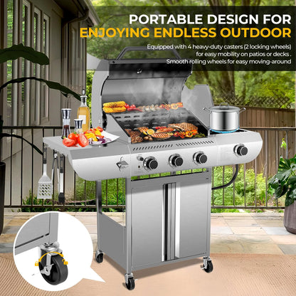 LHRIVER Stainless Steel BBQ Grill, 3 Burner Propane Gas Grill with Side Burner for Outdoor Cooking Patio Backyard