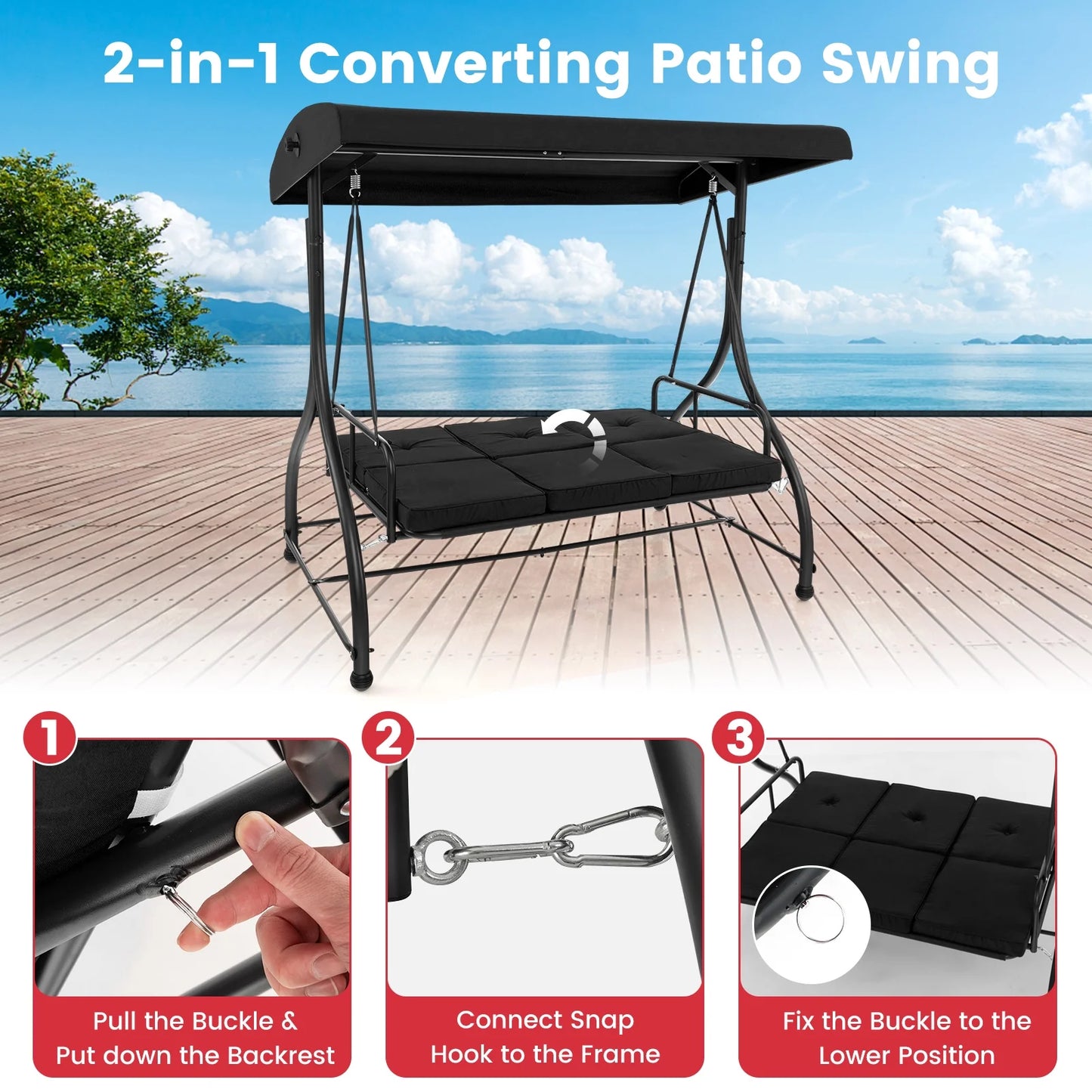 Costway 3-Seat Outdoor Converting Patio Swing Glider Adjustable Canopy Porch Swing Black