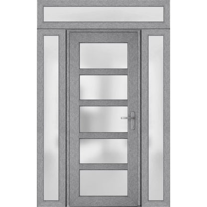 Front Exterior Prehung Metal-Plastic Door Frosted Glass/Manux 8002 Grey Ash/2 Side and Top Window/Office Commercial and Residential Doors Entrance Patio Garage 60" x 94" Left-hand Inswing