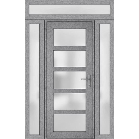 Front Exterior Prehung Metal-Plastic Door Frosted Glass/Manux 8002 Grey Ash/2 Side and Top Window/Office Commercial and Residential Doors Entrance Patio Garage 60" x 94" Left-hand Inswing