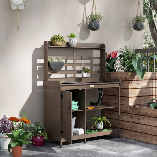 Outsunny Wooden Potting Bench, Outdoor Potting Table with Storage Cabinet, Storage Shelves, Sink, Water Tap for Backyard, Patio, Balcony, Dark Brown