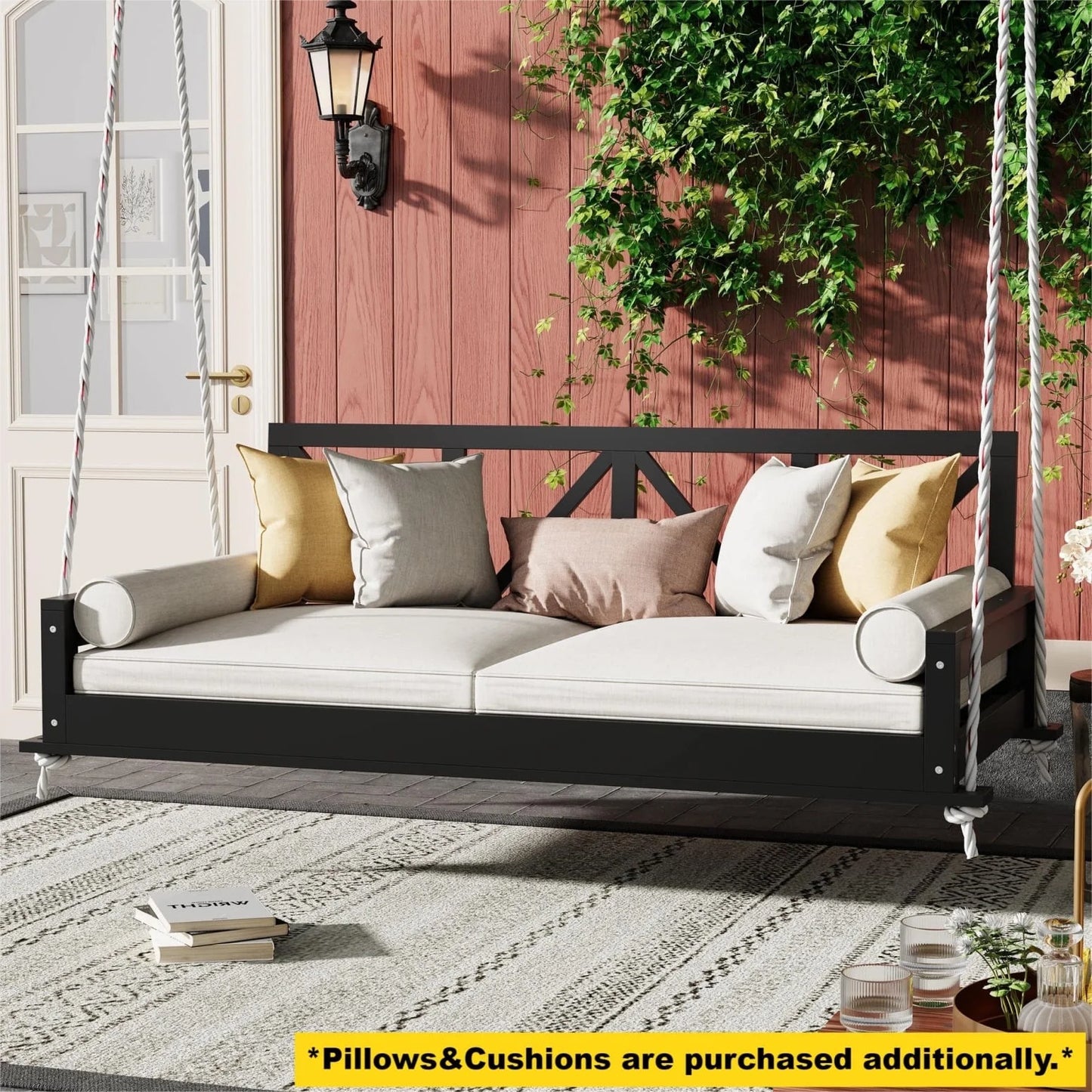 Patio Twin Size Swing Bed, A-cacia Wood Porch Swing Daybed with Hemp Ropes, Safe Sloped Design, Patio Hanging Swing Sofa Bed for Backyard, Garden, Pool, White