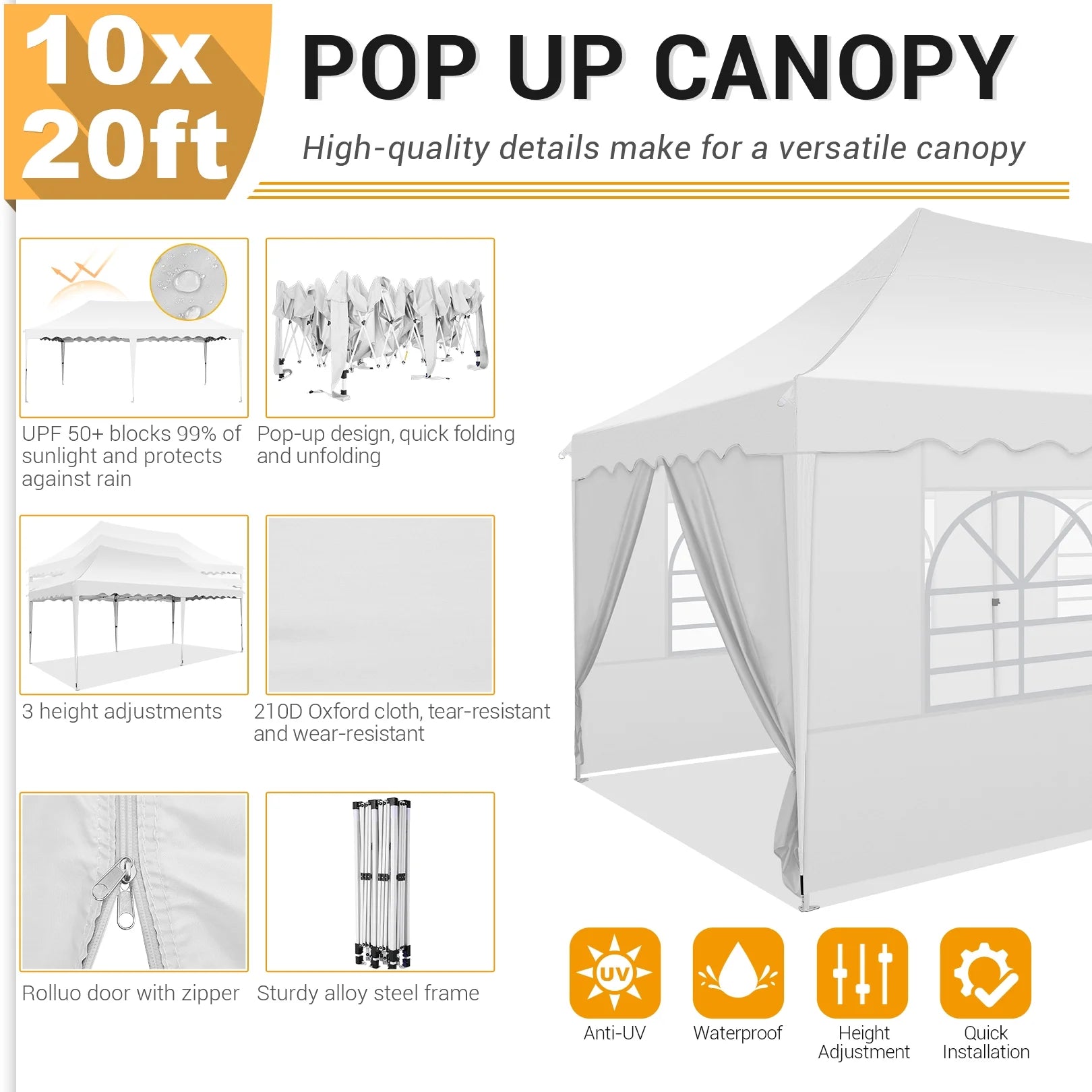 SANOPY 10'x 20' Pop up Canopy Tent, Commercial Heavy Duty Canopy with 6 Removable Side Walls Portable Shelter for Patio Picnic Gazebo Party Wedding, White