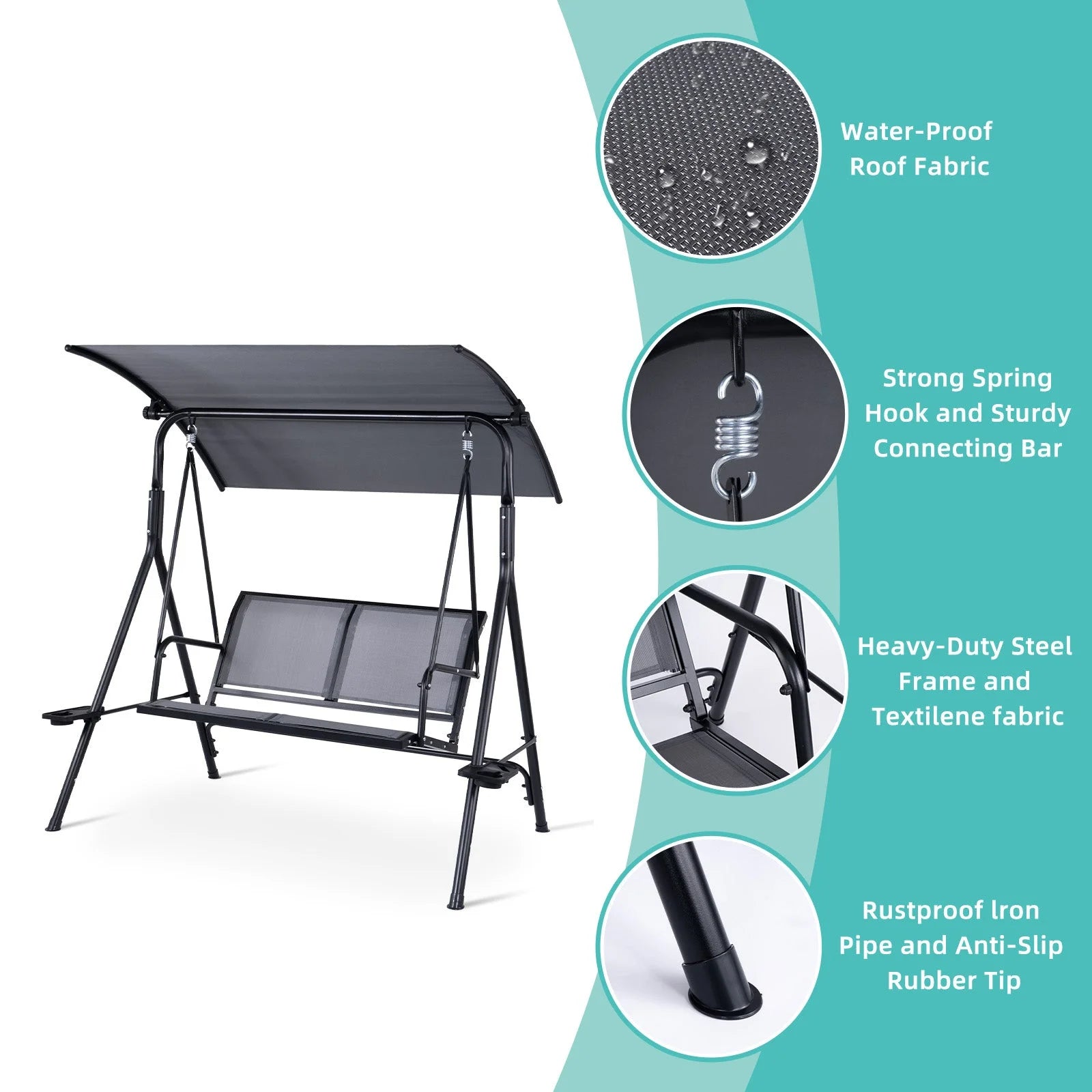 2 Person Patio Swing with Grey Sling Fabric and Black Metal Frame - 450 lbs Weight Capacity