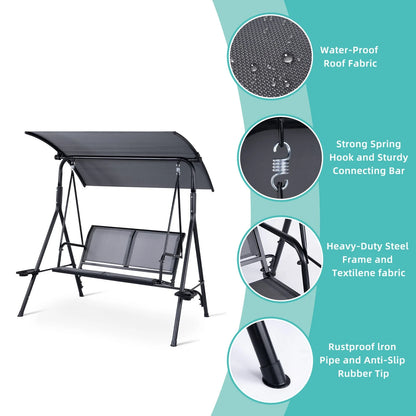 2 Person Patio Swing with Grey Sling Fabric and Black Metal Frame - 450 lbs Weight Capacity