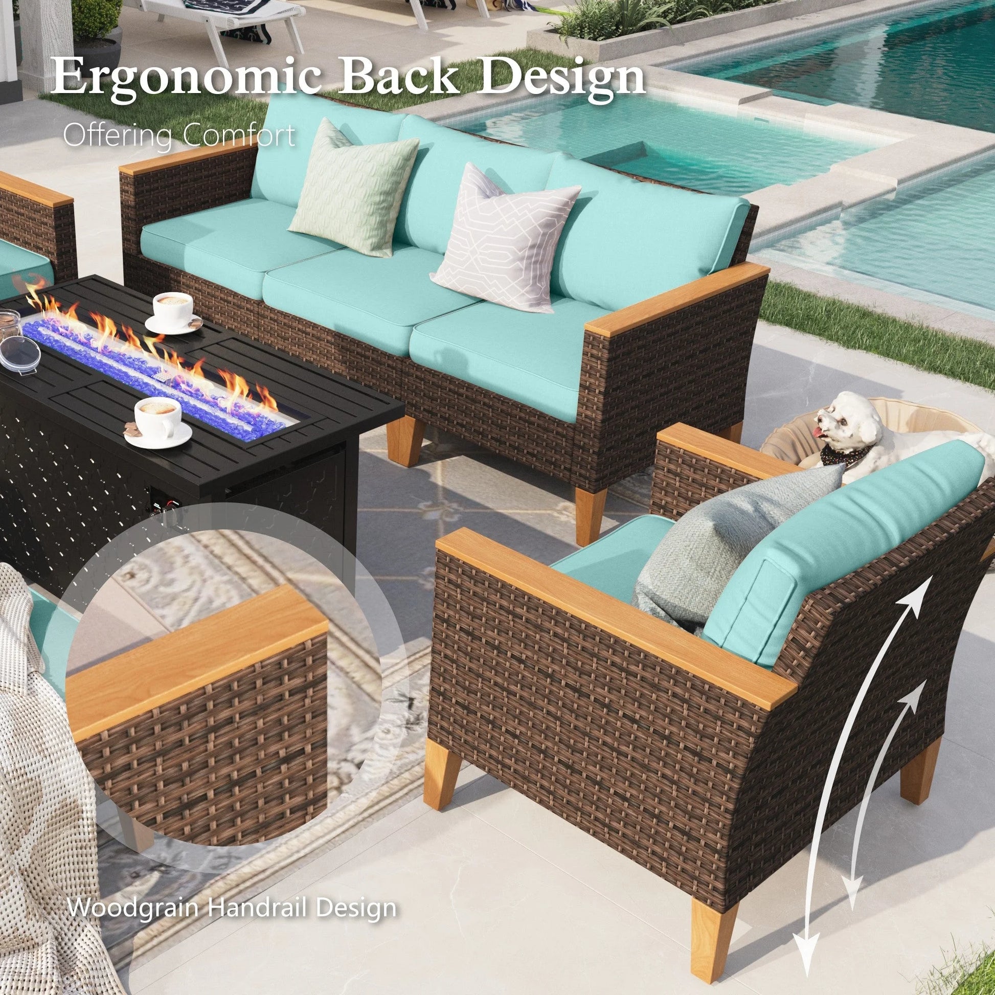 Sophia & William 7-Piece Outdoor Wicker Conversation Set Patio Furniture Set with Turquoise Cushions