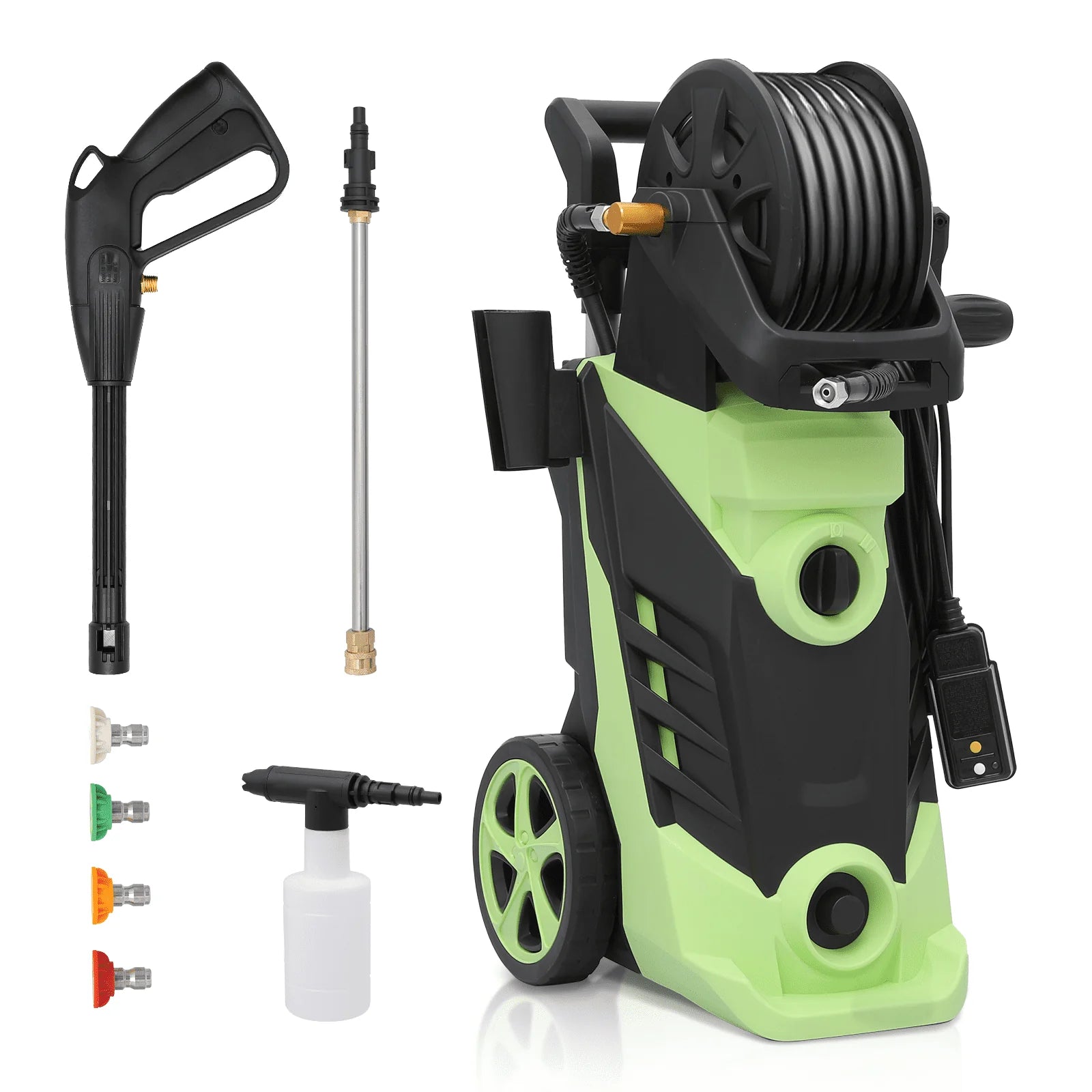 Magshion Electric Pressure Washer, 2180 PSI, Max. 1.5 GPM Power Washer with 19.5 ft Hose, 4 Nozzles, Foam Cannon and Hose Reel, for Patios Cars Fences Driveways, Green