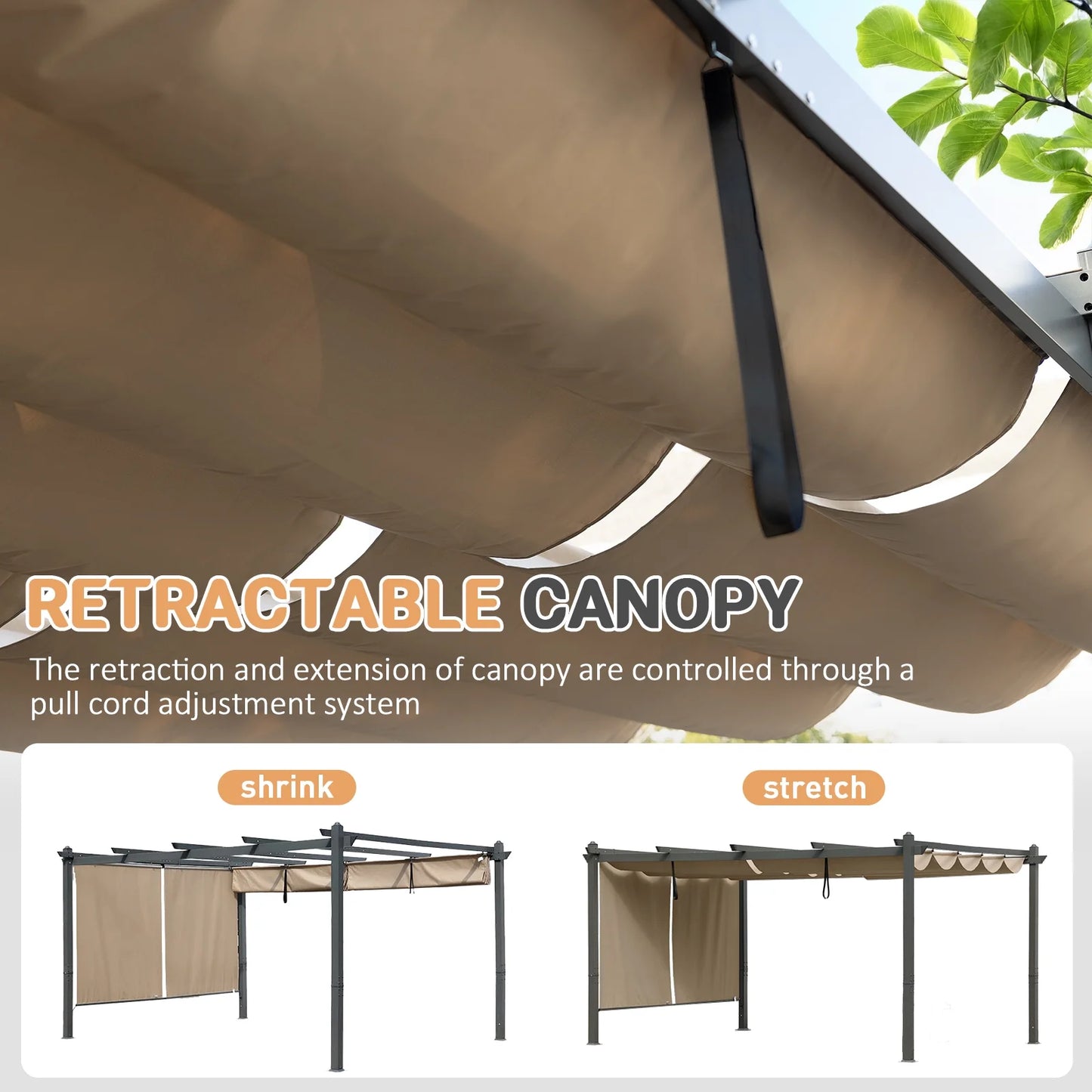 BPS 16' x 12' Outdoor Pergola with Retractable Canopy & Adjustable Sun Shade, Patio Aluminum Pergolas Gazebos, Khaki