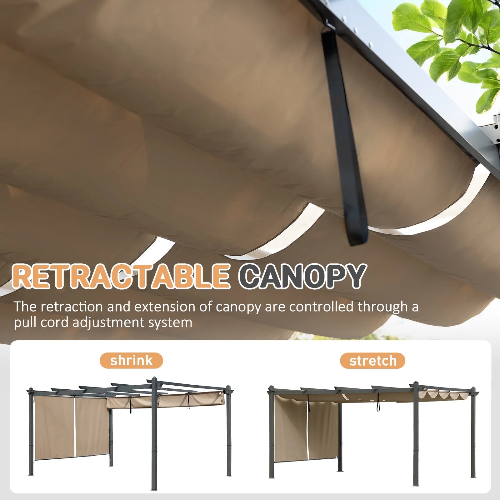 BPS 16' x 12' Outdoor Pergola with Retractable Canopy & Adjustable Sun Shade, Patio Aluminum Pergolas Gazebos, Khaki