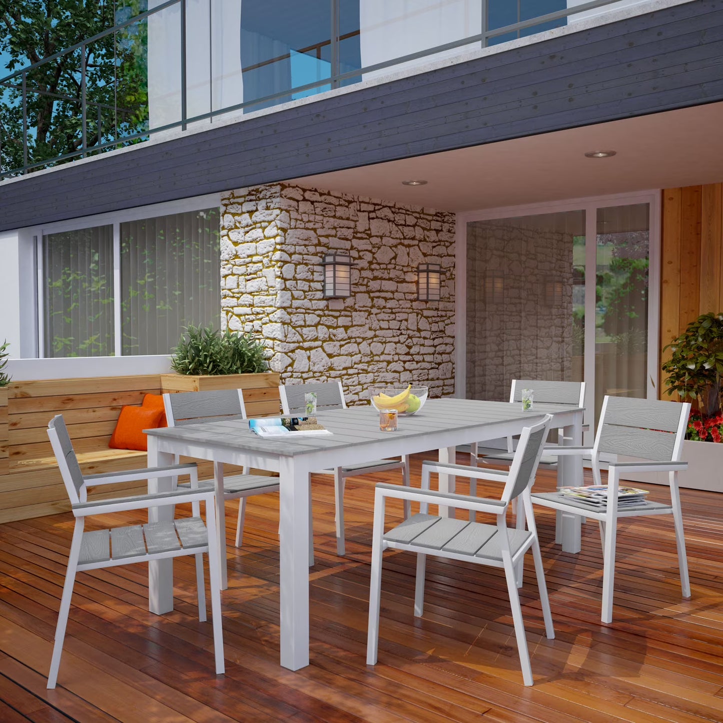 Modway Maine 7 Piece Outdoor Patio Dining Set in White Light Gray