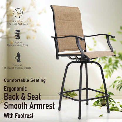 Summit Living 3-Piece Outdoor Patio Bar Stool Bistro Set, 1 Metal Bar Table and 2 Padded Bar Stool, Black & Brown
