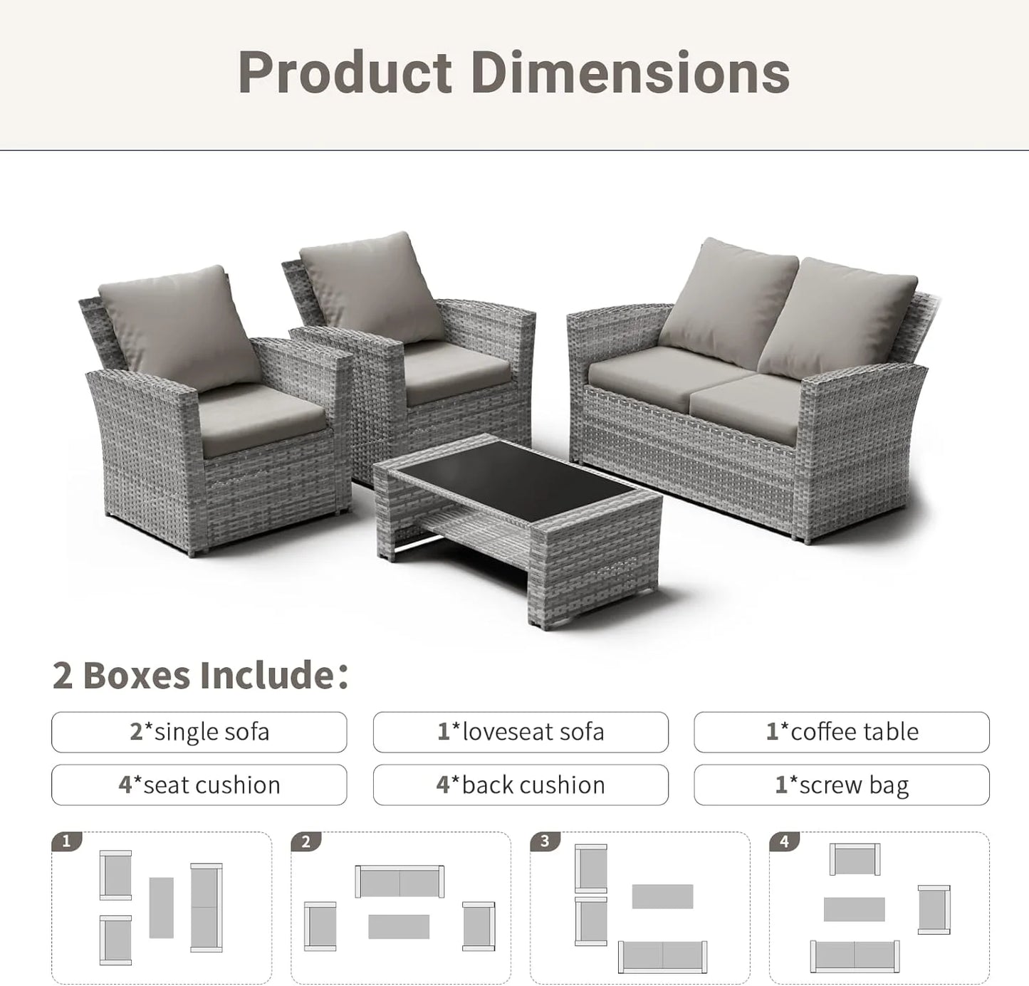 ELPOSUN Wicker Patio Furniture Set, 4 Piece Outdoor Sectional Conversation Sets, Gray PE Rattan Patio Sofa Set for Balcony, Porch, Backyard, Grey