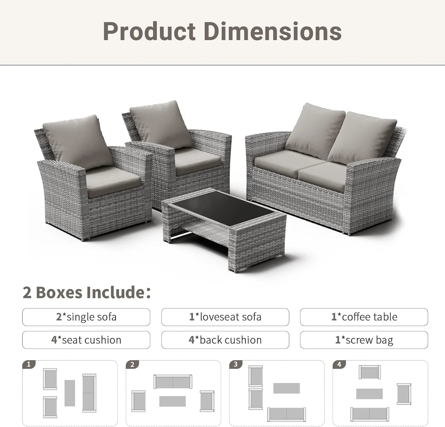 ELPOSUN Wicker Patio Furniture Set, 4 Piece Outdoor Sectional Conversation Sets, Gray PE Rattan Patio Sofa Set for Balcony, Porch, Backyard, Grey